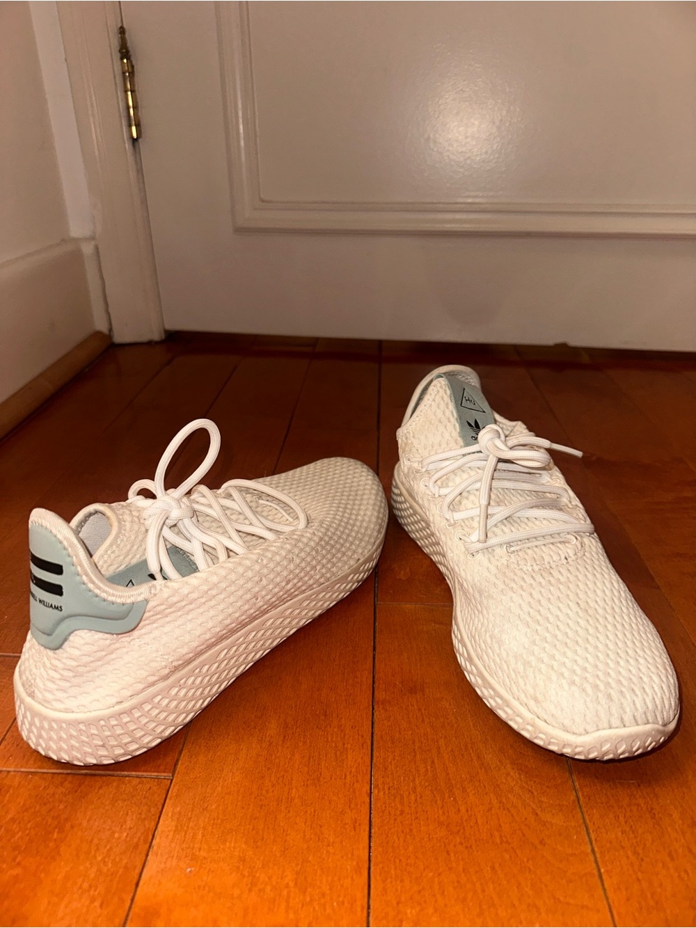 adidas Women's White Knit Sneakers with Light Blue Heel Accent